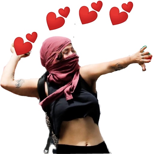 Imagen de mujer con apariencia de disidente con cabeza y rostro cubierto lanzando en sus manos corazones de color rojo.